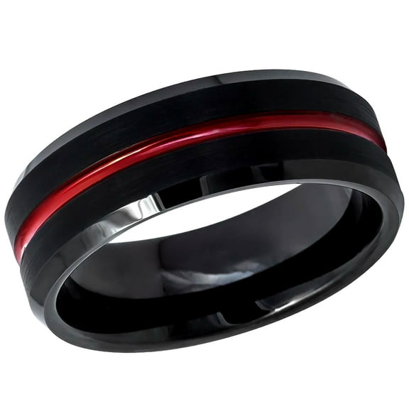 Men's Women's Tungsten Wedding Band Engagement Ring 8mm Red IP Plated Shiny Grooved Center, Black Brushed Beveled Edge