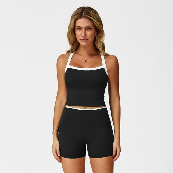 AEXTO Women's Sportswear Tank Top With High Waisted Hip Lifting Shorts Gym Yoga Exercise Clothing two