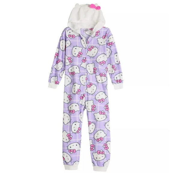 Hello Kitty Girl's Purple Check Hooded Soft Fleece Character Pajama Sleeper, Size 4