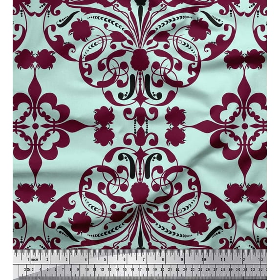 Soimoi Silk Fabric Moroccan Damask Print Sewing Fabric Yard 42 Inch Wide