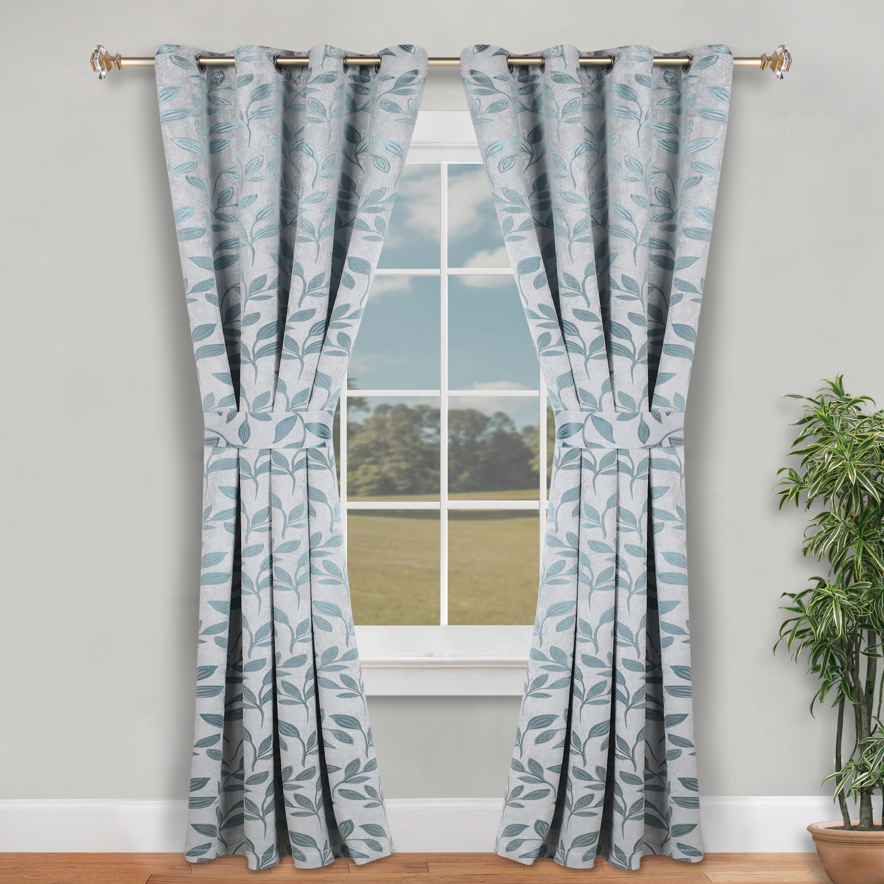 Superior Blackout Leaves Curtains Set of 2, Light Filtering Grommet Curtain Panel Set, Teal, 46"W x 84"L