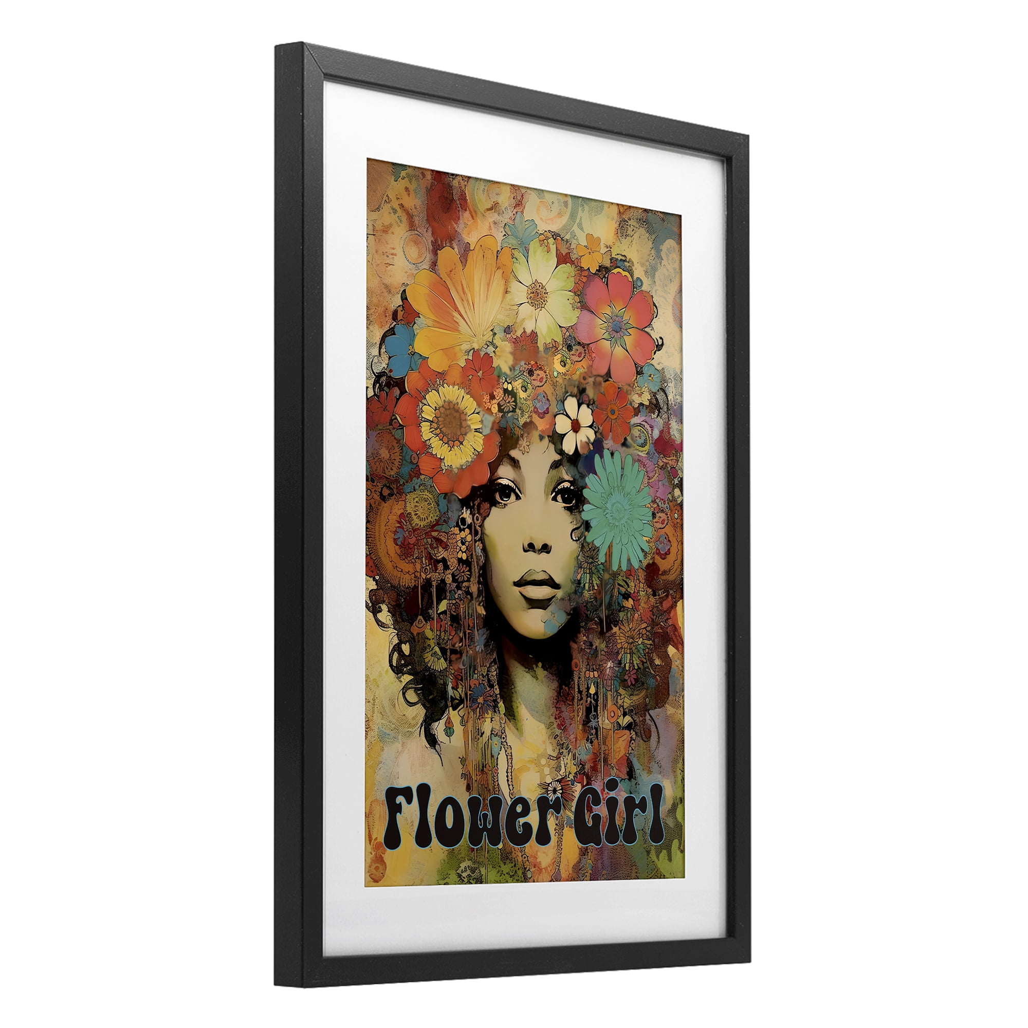 Bohemian Flower Girl Black Framed Print Under Glass, design by Sasha