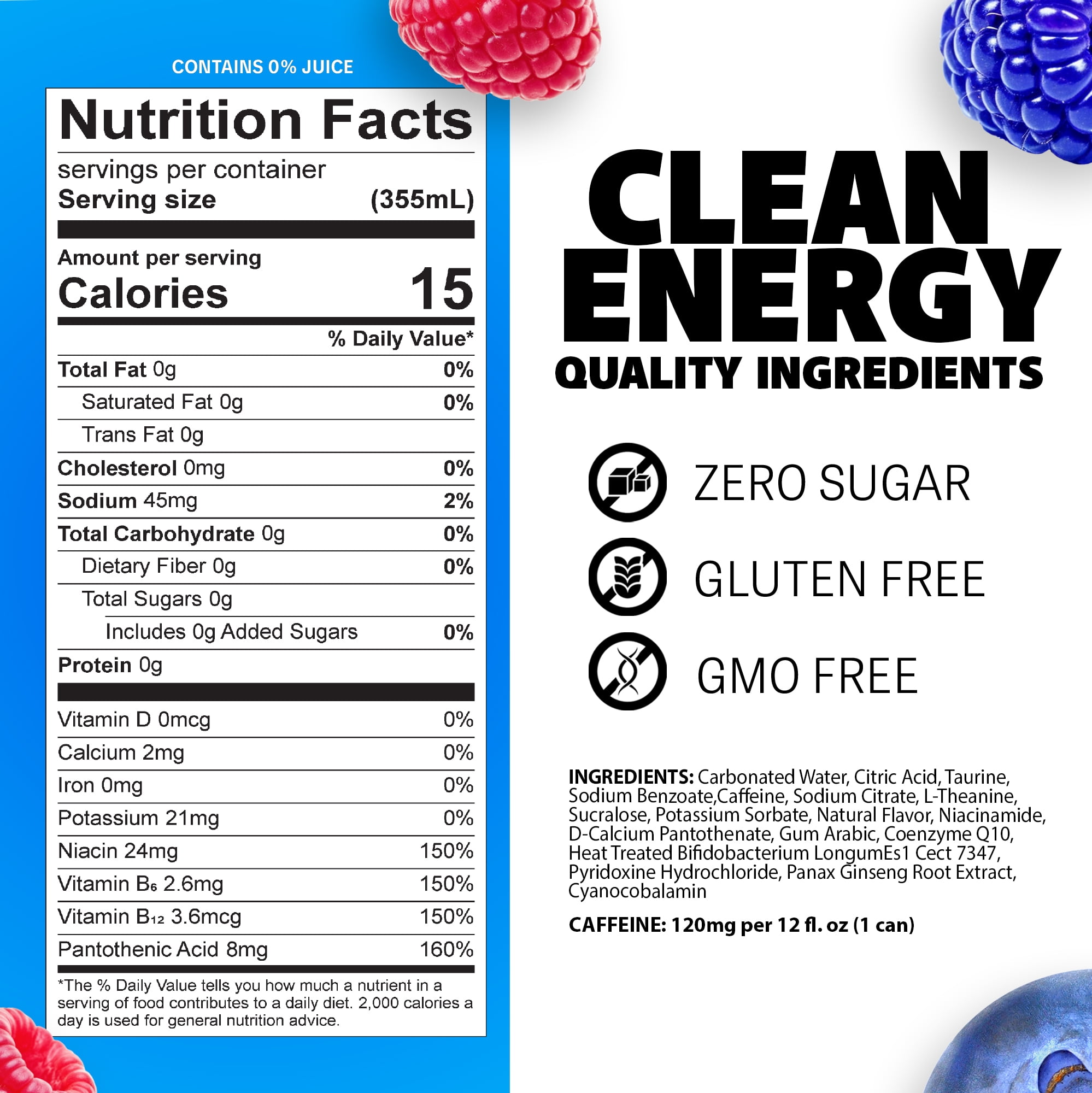 Liquid Ice Energy Drink, Zero Sugar, Glacier Berry 12 Fl Oz 12 Pack, Postbiotics, Clean Energy, 120mg Natural Caffeine, L Theanine, Green Tea Extract, CoQ10, Antioxidant Support