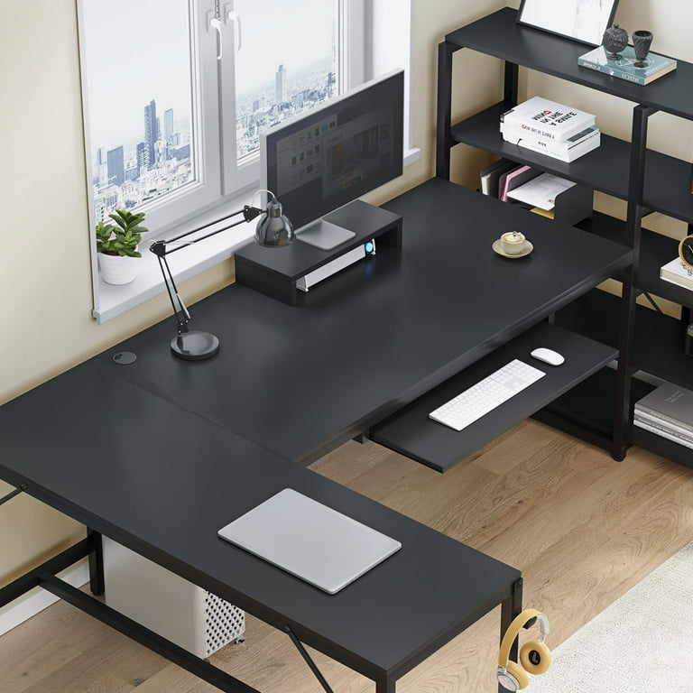 Black l shaped desk 2024 with keyboard tray