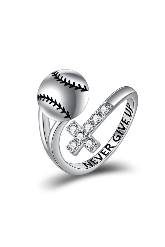Baseball Ring Sterling Silver Cross Adustable Ring Never Give Up Jewelry Lover Gifts for Women Baseball Player Softball Player