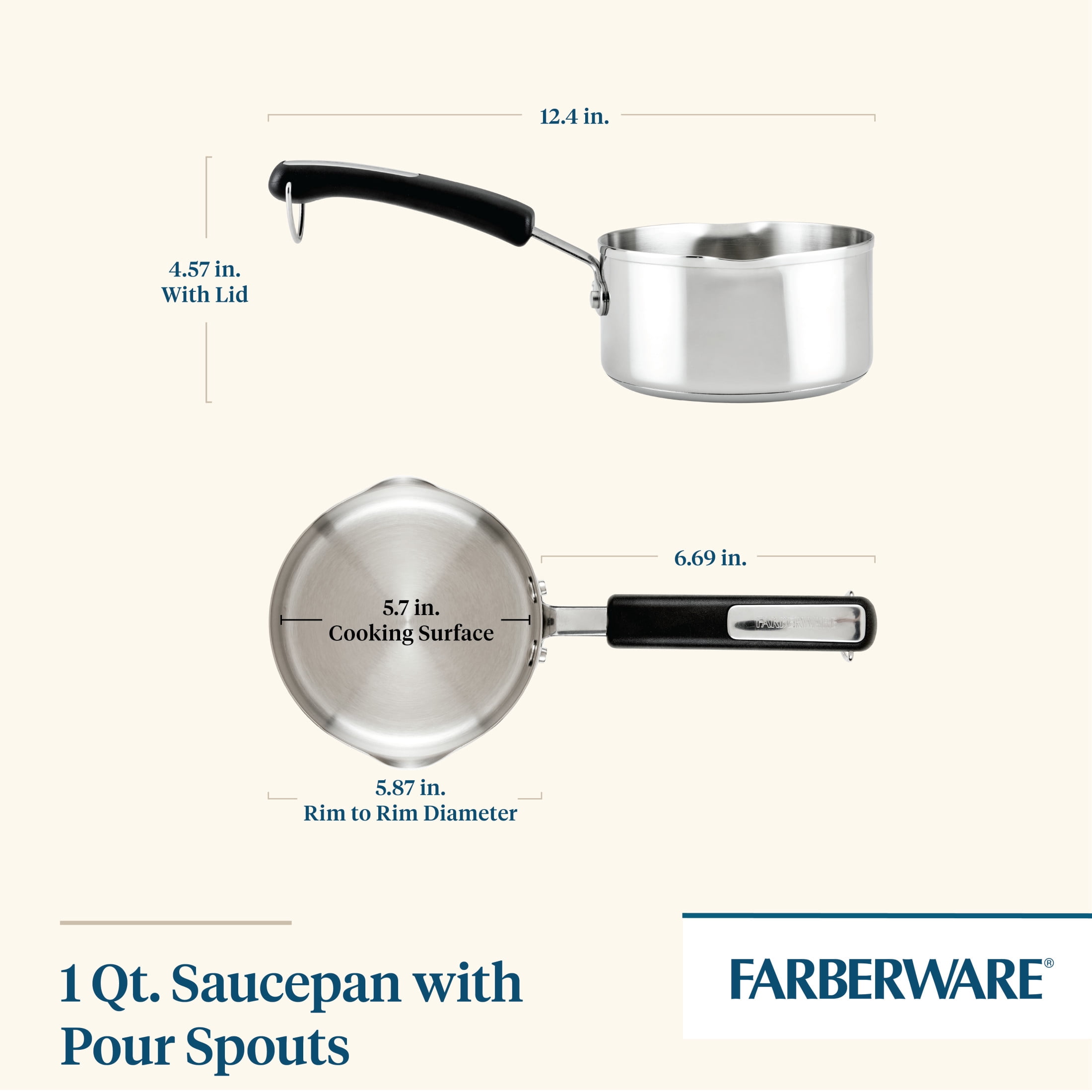 Farberware Brilliance 1 Quart Stainless Steel Saucepan with Pour Spout, Induction Compatible, Metal Utensil Safe, Dishwasher Safe