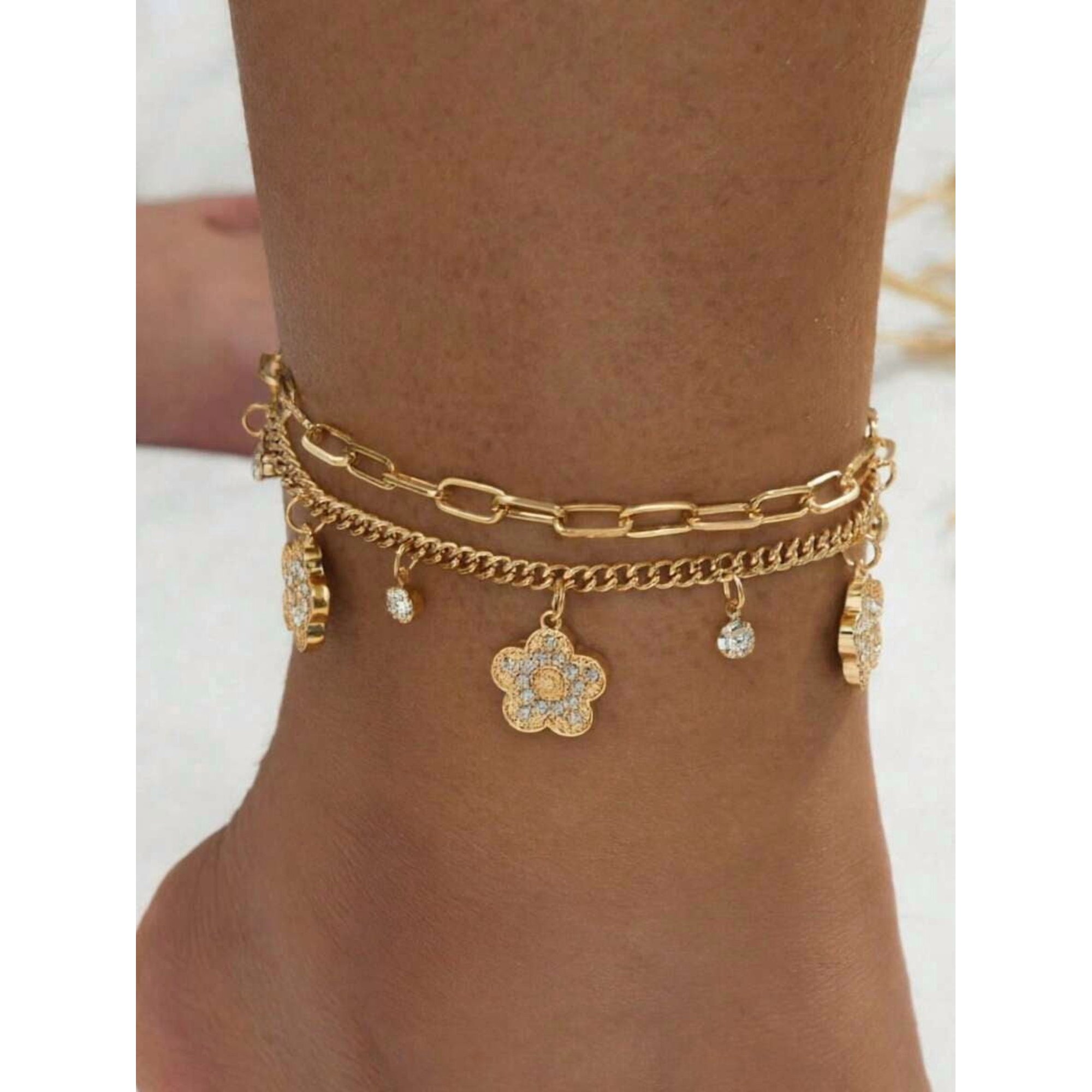 Yellow Gold Multi-Layer Chain Anklet With Crystal Flower Charms