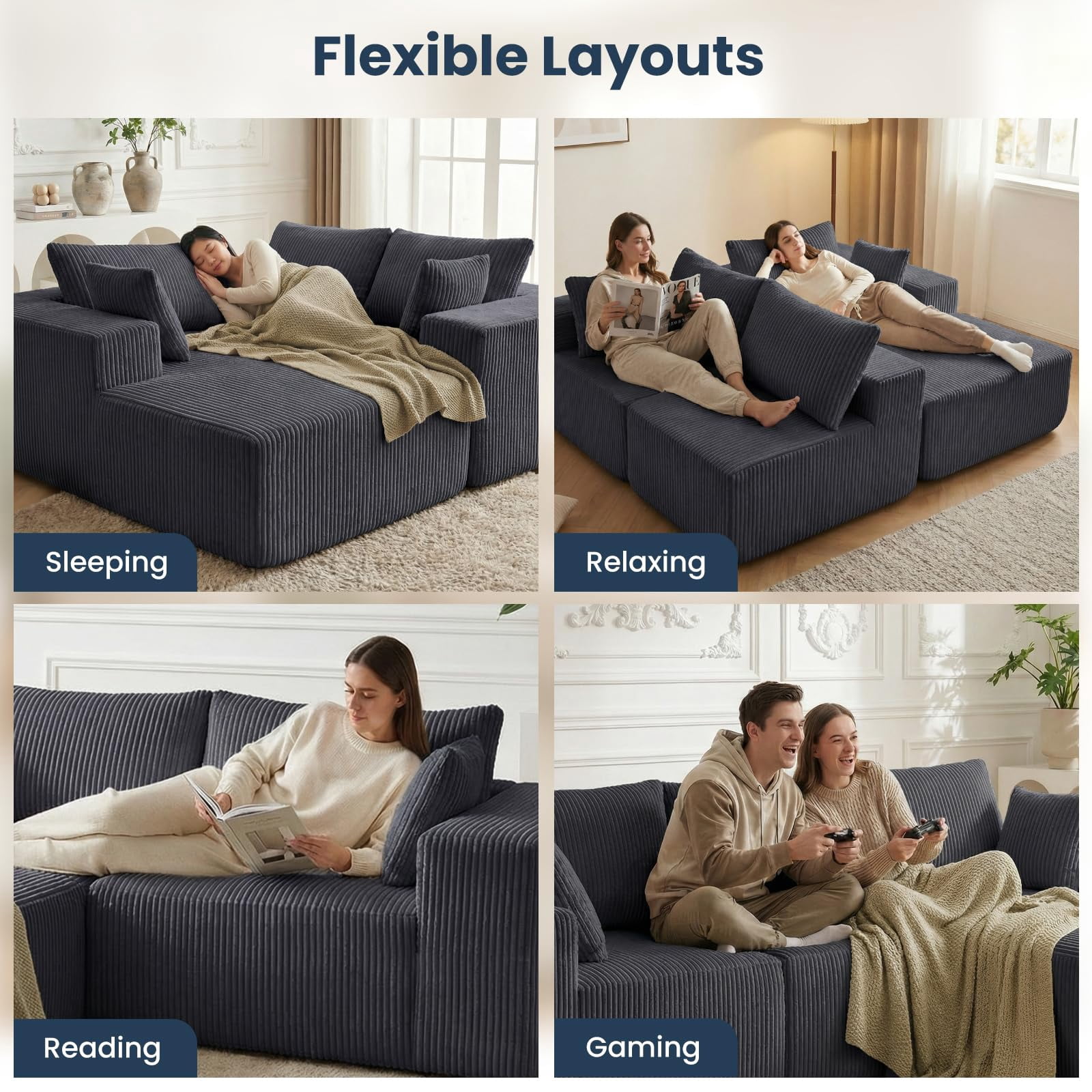 Aukfa 107" Modular Sectional Sofa, Corduroy Upholstered Deep Seat Couch with Left Chaise, Convertible Sleeper, Dark Gray