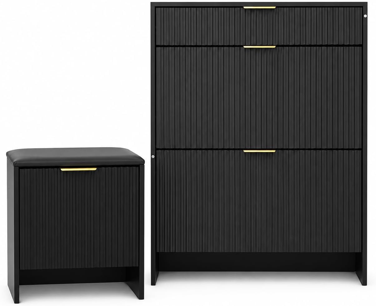 Howcool Fluted Entryway Shoe Cabinet with Upholstered Padded Shoe Bench, Wood Narrow Freestanding Shoe Storage, Black
