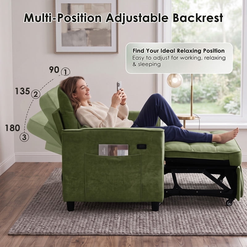 Anpport 54" 3‑in‑1 Convertible Sofa Bed, Towel Fabric, 3‑Position Adjustable Backrest with USB Charging Ports, for Living Room, Apartment, Green