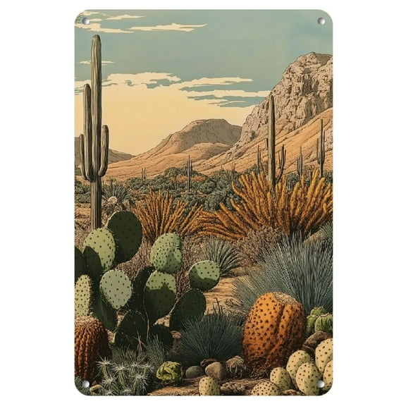 1pc Vintage Desert Cactus Metal Tin Sign - Iron Wall Art for Home, Bar, Garage Decor - Reusable 8x12 inches Retro Illustration Plaque