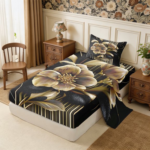 Manfei Vintage Floral Leaves Twin Sheets 3pcs,Minimalist Stripes Bedding,1 Flat Sheet,1 Fitted Sheet and 1 Pillowcase