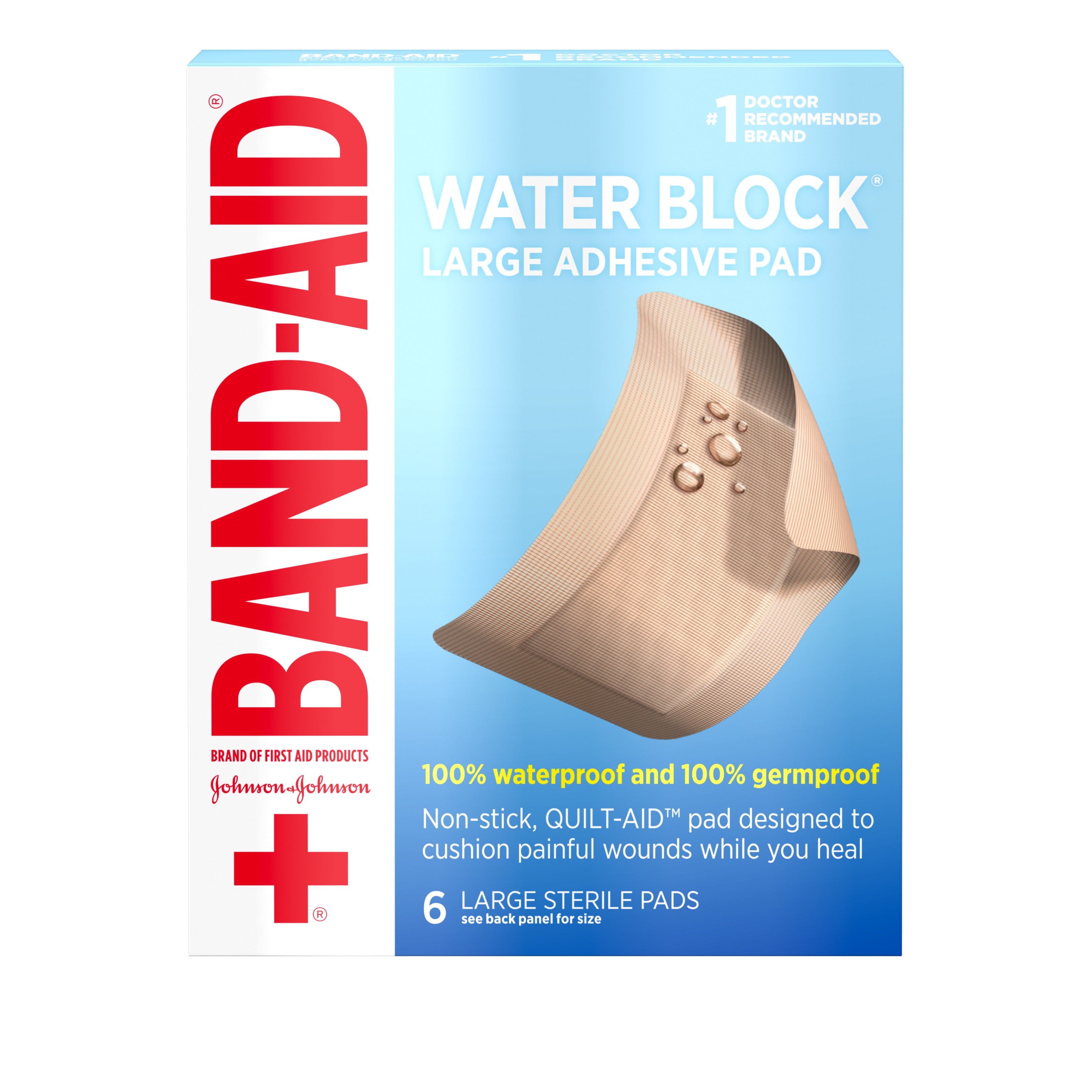Band Aid Brand First Aid Water Block Waterproof Pads, 2.9 in by 4 in, 6