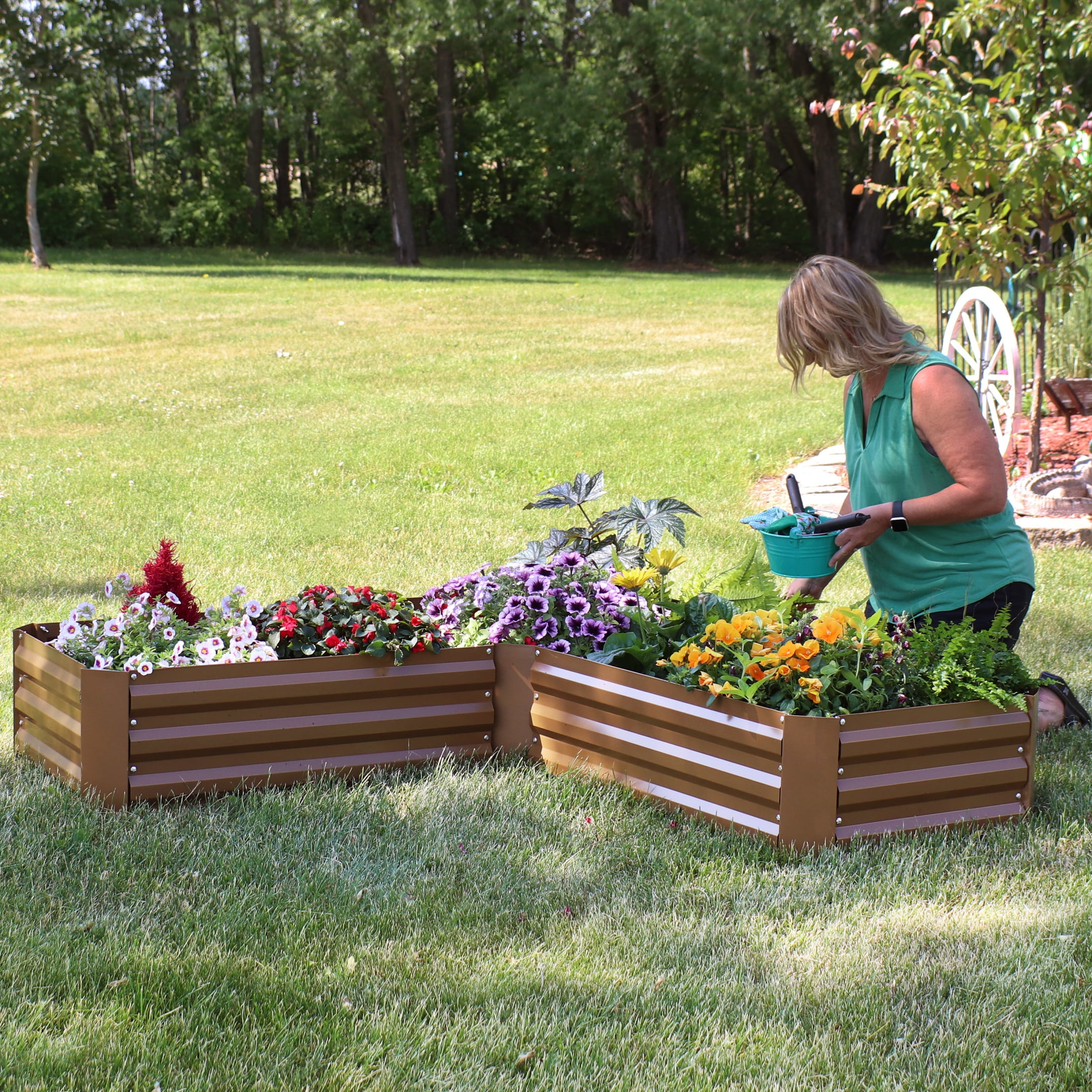 Sunnydaze 59.5" x 59.5" x 11.75" L-Shaped Brown Galvanized Steel Raised Garden Bed