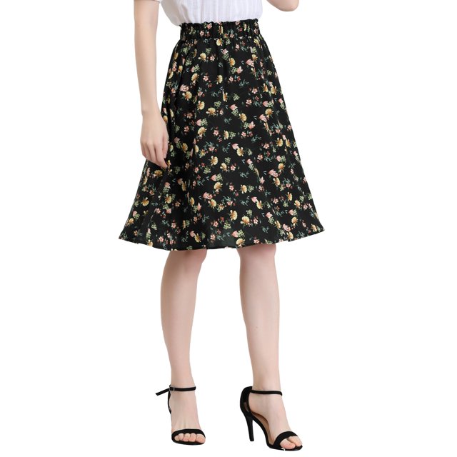 Falda Acampanada Allegra K Estampado Floral Verano Mujer Negro M