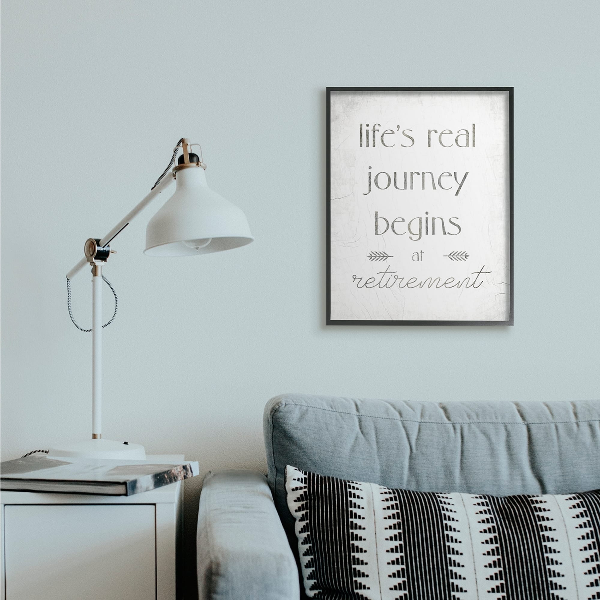 Stupell Industries Life's Journey Begins At Retirement Phrase Self-Care Quote Black Framed, 16 x 20, Design by Daphne Polselli
