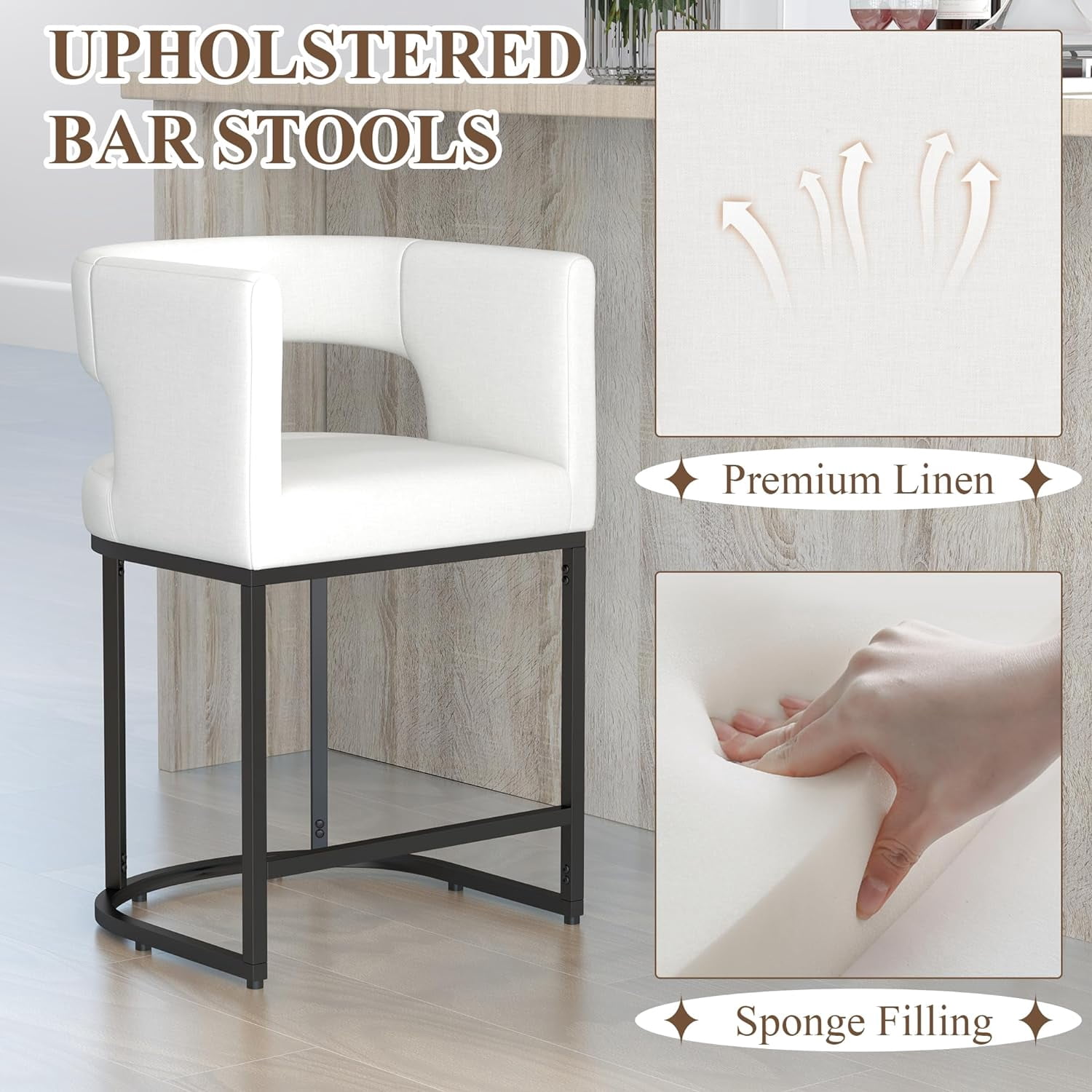 Westice Counter Height Stools Set of 2 for Kitchen Island, 25" Barral Bar Stools with Backrest, Black Metal Frame, Upholstered Linen Fabric Seat for Pub, Club, Dining Room, Beige