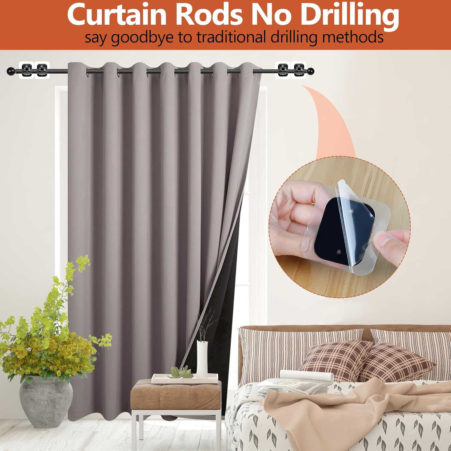 2pcs Curtain Rods No Drilling for Windows | 5/8 Inch Diameter Drapey Pole with No Drill Curtain Rod Brackets, Black, 48 to 84 Inches