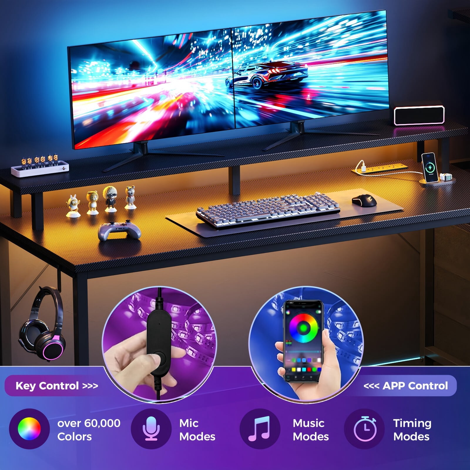 Kelno 59 Inch Computer Gaming Desk with USB Ports LED Lights Home Office Table with Monitor Stand Drawers, Black