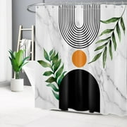HVEST Boho Mid Century Shower Curtain Abstract Geometric Line And Green Leaf Shower Curtain for Bathroom, Modern Grey Marble Backdrop Bath Curtain with Hooks Bathroom Decor, 72 X 78 Inches