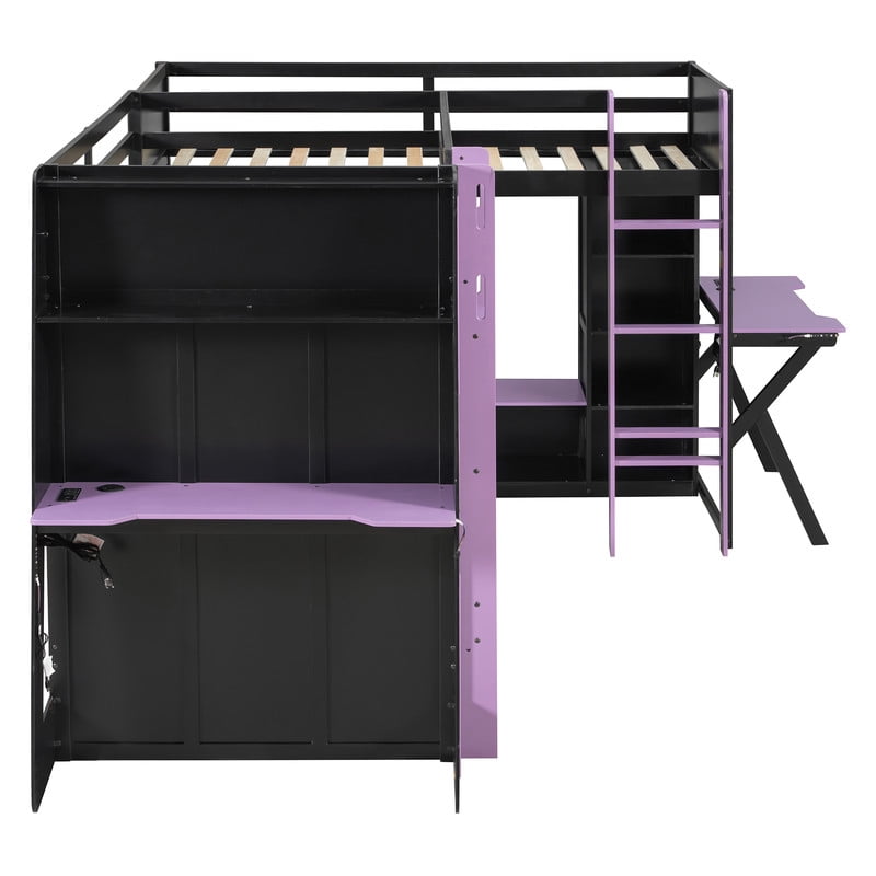 L-Shaped Twin Size Gaming Bunk Bed with RGB LED Lights, 3 Twin Beds, USB Ports, TV Stand & Storage Shelves, Reversible Wooden Bunk Bed Frame for Teens & Adults