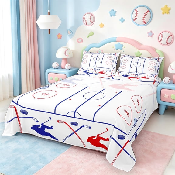 jejeloiu Ice Hockey Twin Sheet Sets,Sport Theme Twin Fitted Sheet,White Blue Red Flat Sheet For Boys Kids,Breathable Home Decor,3-Piece