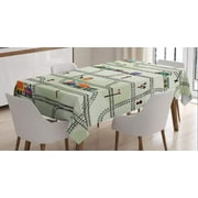 Railroad Tablecloth, Nursery Style Arrangement of Roads and Trains Locomotives Cartoon Kids Pattern, Rectangular Table Cover for Dining Room Kitchen Decor, 52" X 70", Pale Green