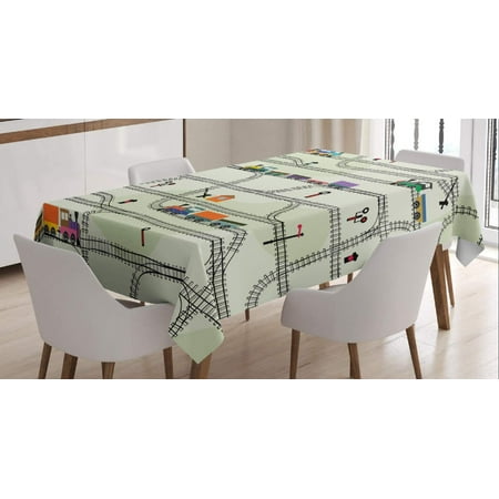 Railroad Tablecloth, Nursery Style Arrangement of Roads and Trains Locomotives Cartoon Kids Pattern, Rectangular Table Cover for Dining Room Kitchen Decor, 52" X 70", Pale Green