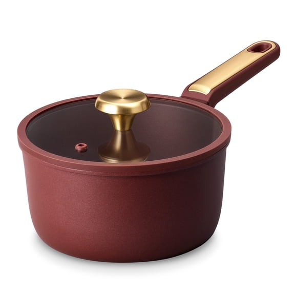 CAROTE 3 qt Ceramic Non-Stick Sauce Pan with Glass Lid, 8 inch Cooking Pot, All Stoves Compatible, Dishwasher Safe, Burgundy Red