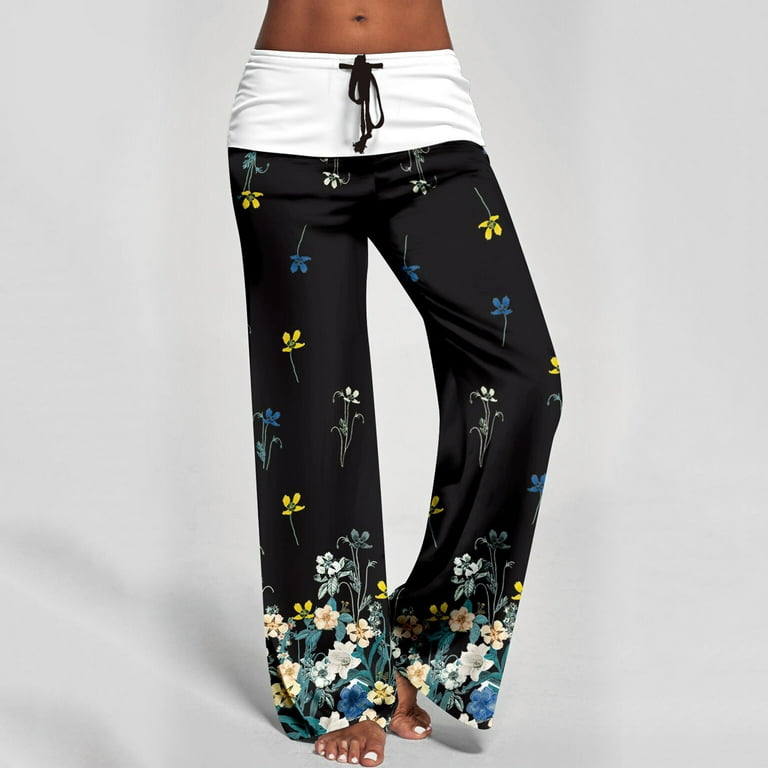 PMUYBHF Yoga Pants with Pockets for Women High Waist Lace Up Loose Printed  Yoga Pants Casual Pants XXL Black 
