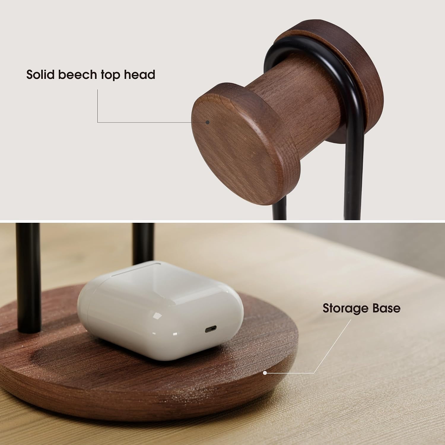 Fenge Headphone Stand with Storage Base, Desktop Headset Holder, Brown
