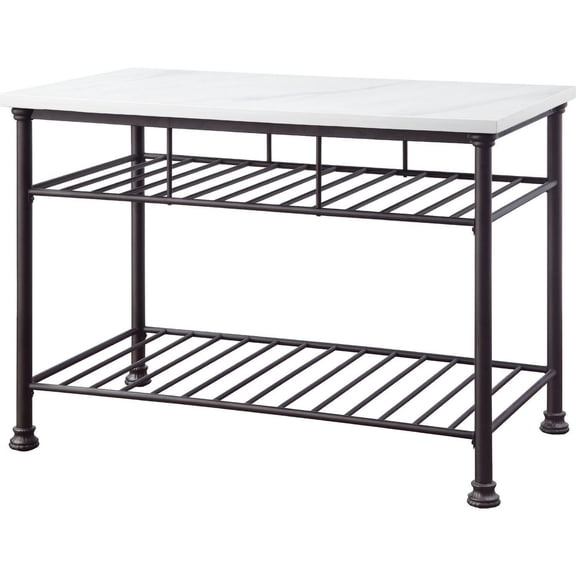 Kitchen Island with Artificial Marble Top and 2 Slatted Shelf, White