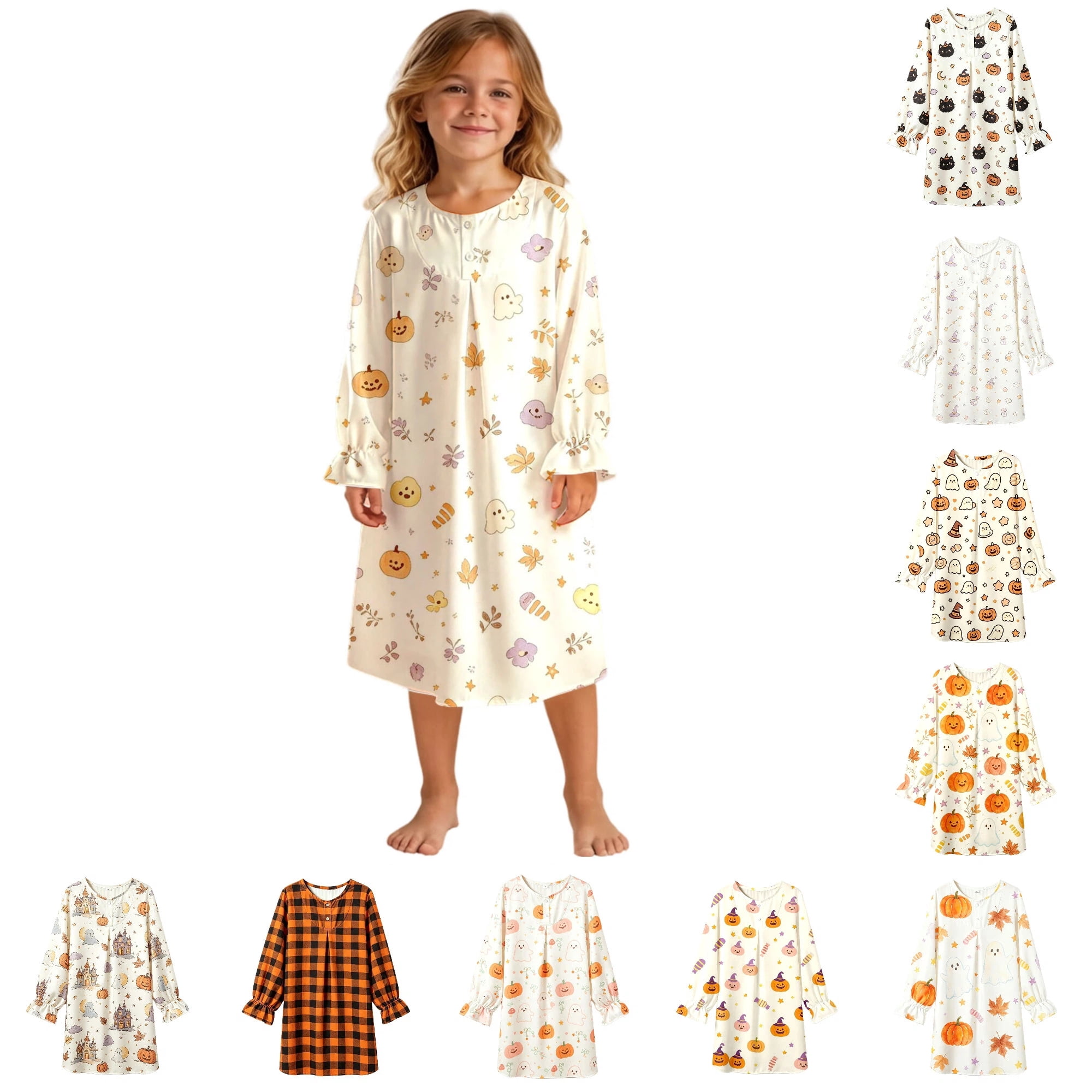 CUZIBR Baby Girls Halloween Nightgown Long Sleeve Ruffles Crew Neck Sleepwear Pumpkin Ghost Graphic Lightweight Loungewear Leisure Casual Daily Homewear,Light Yellow,3-4 Years