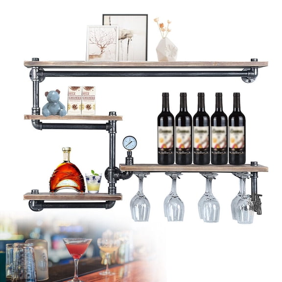 4 Floors Industrial Metal Pipe Shelf Wine Rack Wall Mounted Floating Shelves