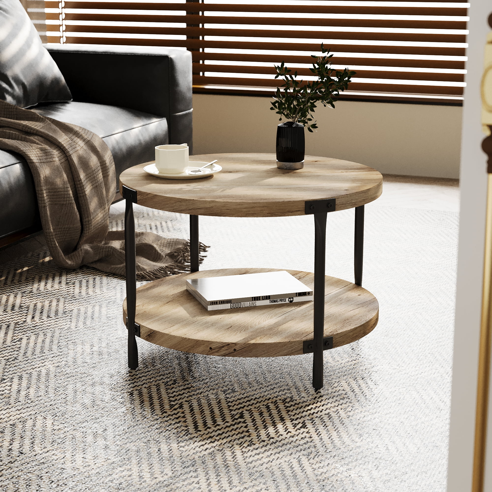 Modern Minimalist Round Coffee Table 29.61" MDF Double Layer Open Storage Easy Assembly for Living Room Study Room