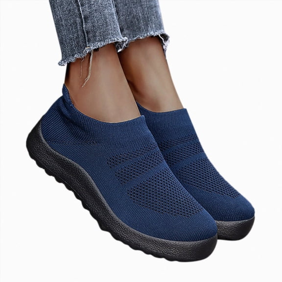 Men Mesh Knit Slip on Shoes Breathable Flat Casual Non Slip Soft Sole Loafers Comfortable Platform Wide Walking Shoes Dark Blue Size 12