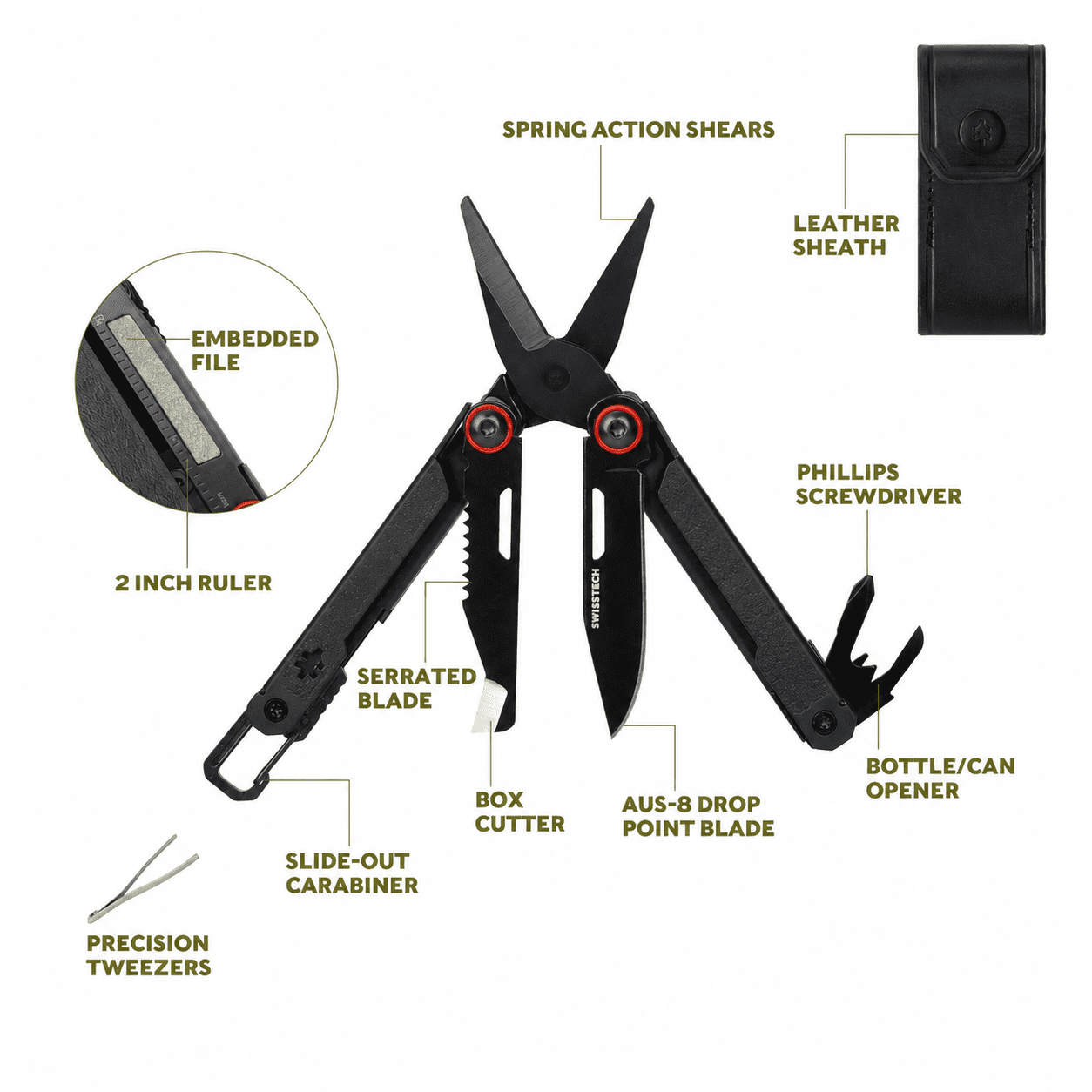 Swiss Tech Uberall CT AUS-8 Steel 10-in-1 Multi Tool with Shears, Carabiner & Leather Sheath, Black