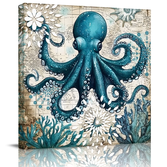 Wall Art Prints, Coastal Octopus Framed Canvas Prints for Bedroom Living Room Bathroom Office, Vintage Beach Teal Coral Nautical Gallery Wrap Wall Art Poster for Gifts Home Decor 8"x8"