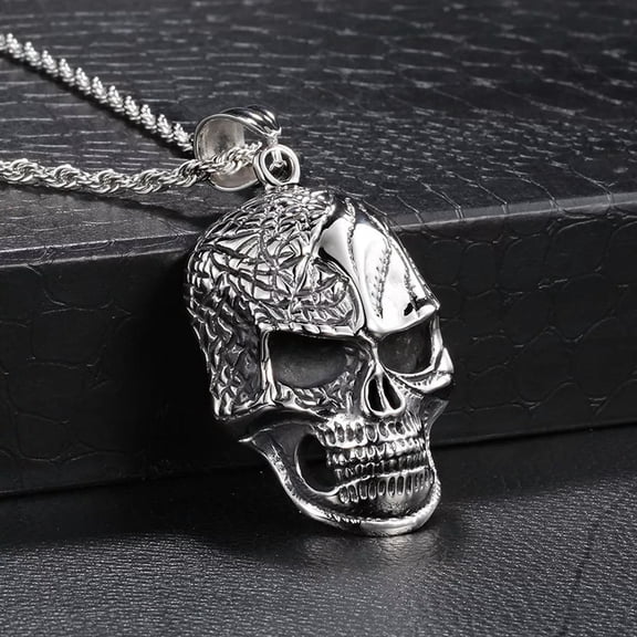 HOOUN Big Vintage Stainless Steel Biker Skull skeleton Pendant Necklace 4mm Rope Chain
