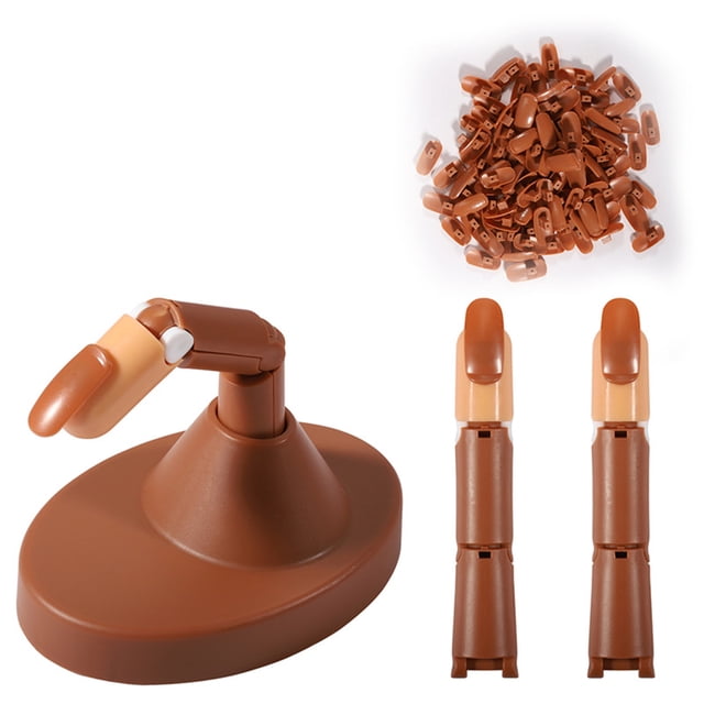 Graflsoa ABS Nail Practice Hand with 100 Coffin Tips, 3 Fingers, Brown/White Base, Portable Nail Training Tool