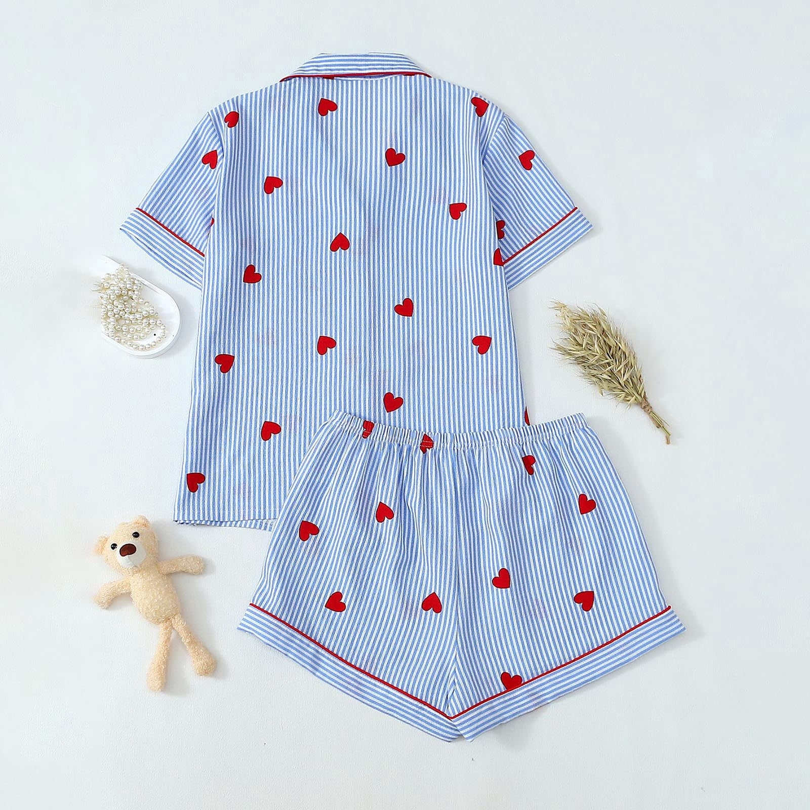 PNTUTB Women's Fashion Striped Heart Print Collared Button Pocket Short Sleeve Top with Elastic Waist Shorts Pajama Set