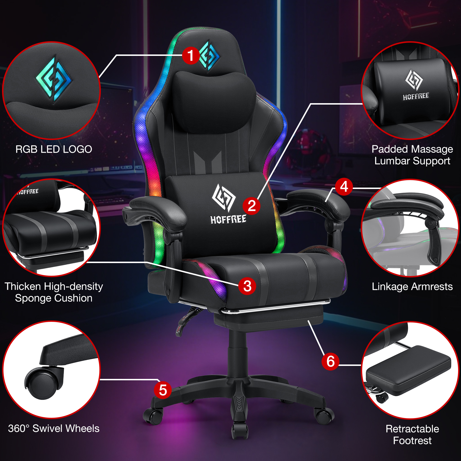 HOFFREE Massage Gaming Chair with Speakers, Leather Game Chair with Bluetooth and Music Rhythm RGB Lights, Big and Tall Gamer Chair with Footrest for Adults, Ergonomic Video Game Chair with Headrest