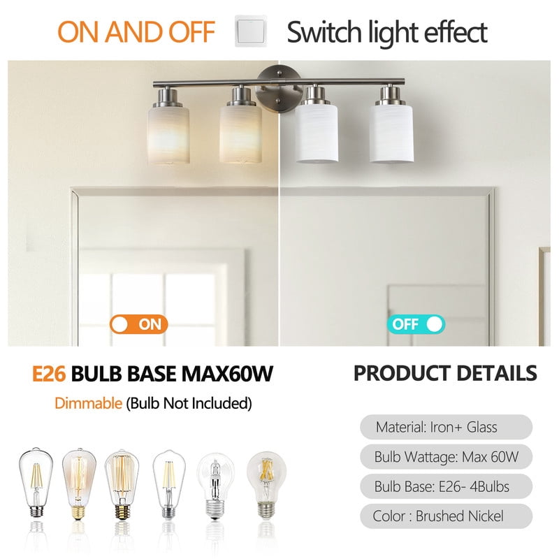 24" Modern 4-Light Vanity Wall Sconce, Brushed Nickel Finish with Frosted Glass Shades for Bathroom or Hallway Lighting (No Bulbs)
