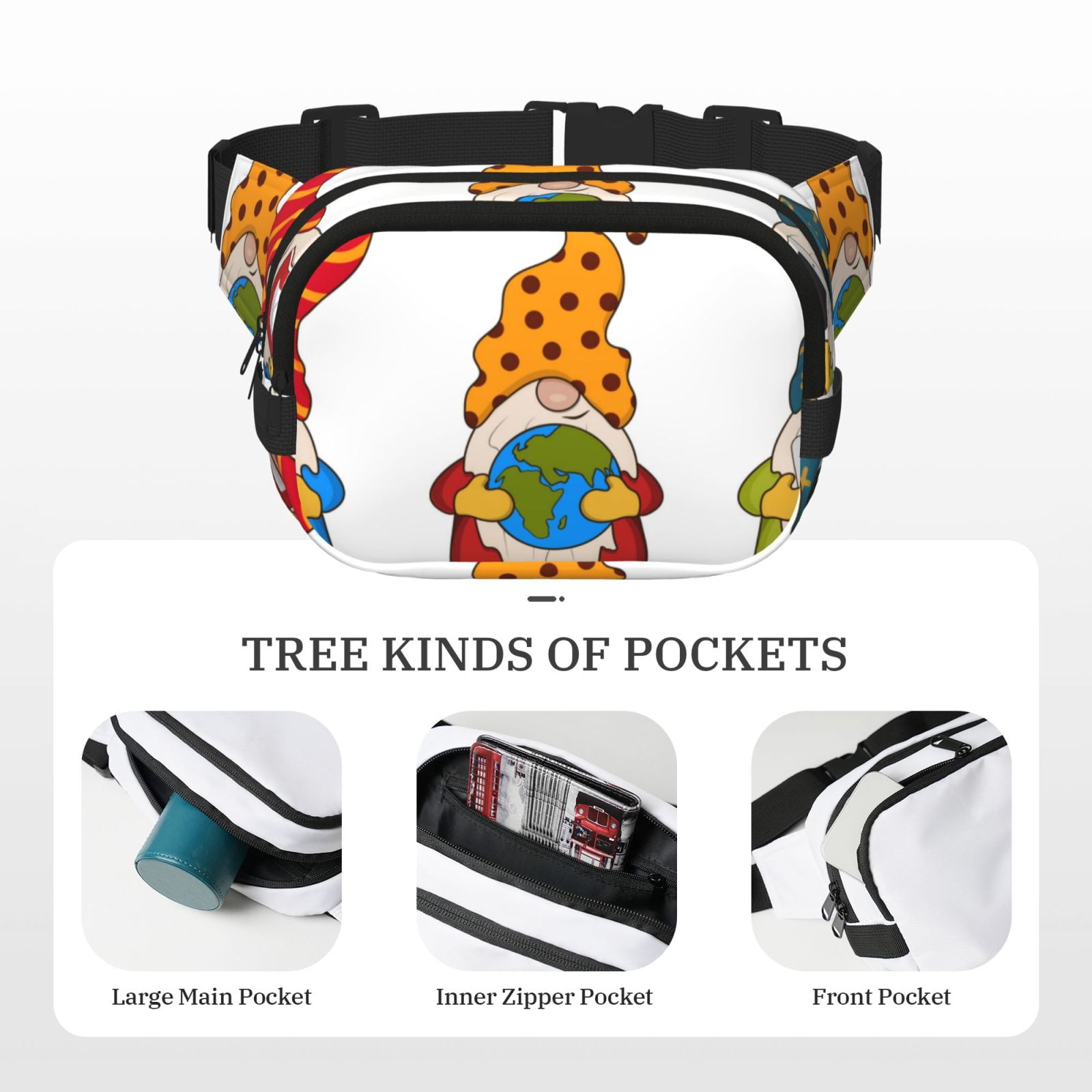 Picia Gnomes Are Holding School Supplies Print Square Double-Layer Waist Bag Mini Adjustable Waist Belt Bag Exercise Running Travel Hiking