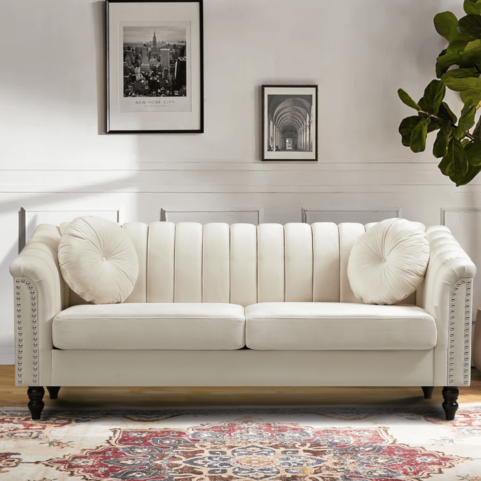 Aukfa 75" Comfy Flannel Sofa, Contemporary 3-Seater Couch for Living Room, 2 Pillows, White