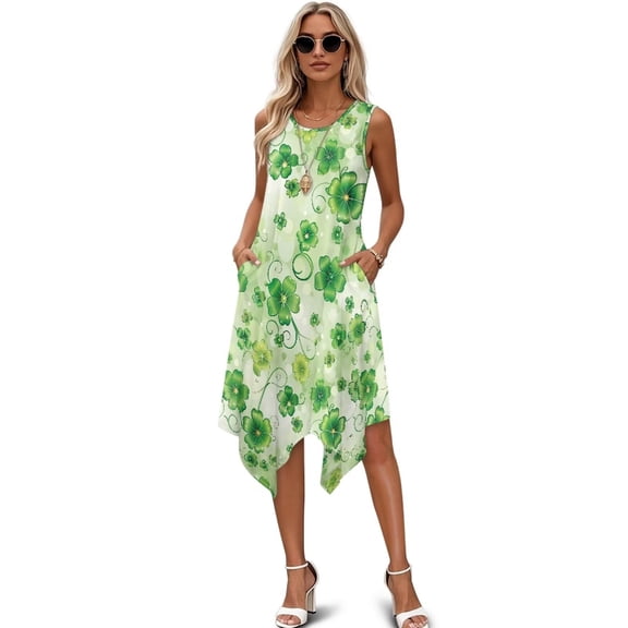 chaqlin Women's Casual Dresses St Patrick's Day Sleeveless Midi Dress Green Leaf Hankerchief Hem Tank Dresses Summer Flowy A-Line Sundress with Pockets