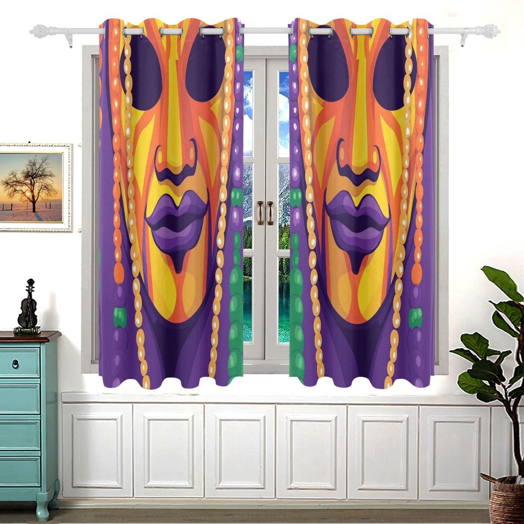 Mardi Gras Mask and Beads Blackout Curtains for Living Room Bedroom 55W x 54L Insulated Window Drapes 2 Panels