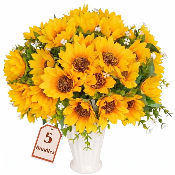 Scidweet 5 Bundles Artificial Sunflower Bouquets, Faux Fake Silk Flowers for Indoor Outdoor Spring Summer Party Table Wedding Home Decor