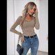 thumbnail image 5 of Camiseta de Punto Gofre A Rayas para Mujer, Cuello Cuadrado, Larga, Fruncida, Corte Ajustado, para Otoño. Color Café XL, 5 of 10
