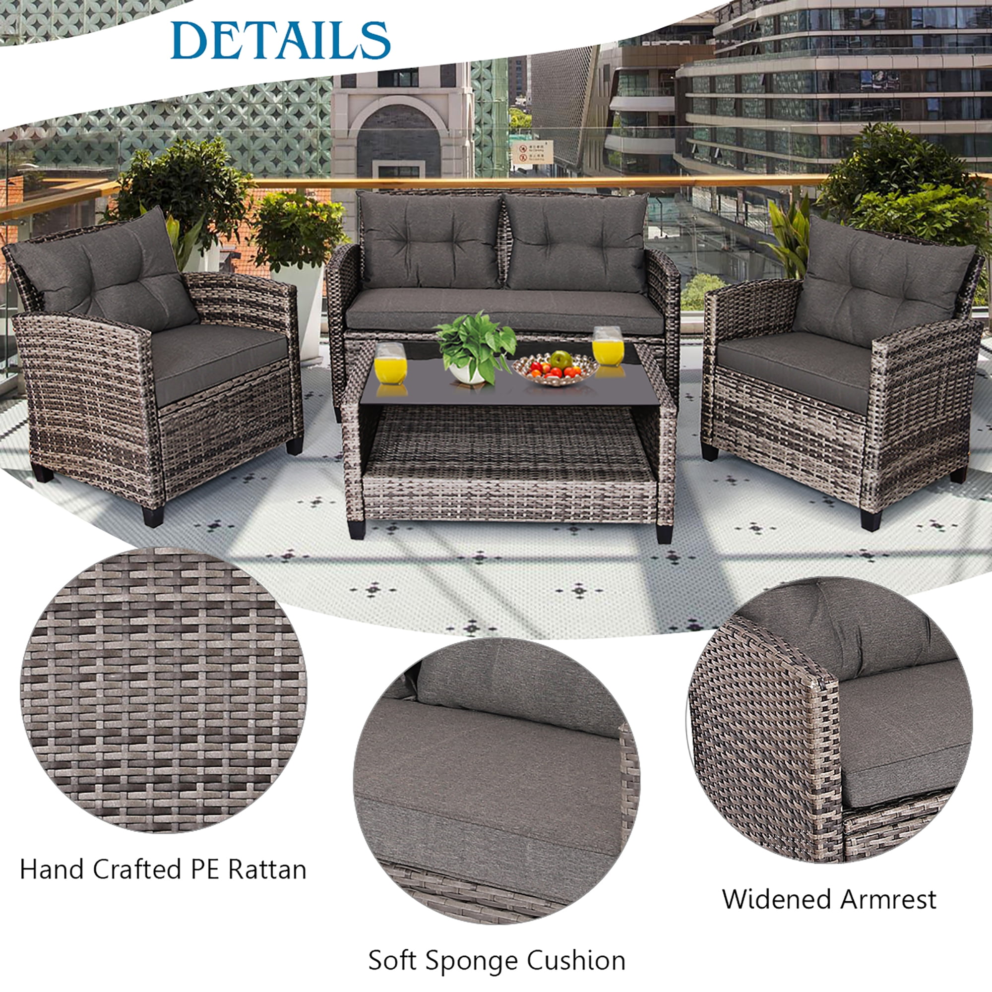 Costway 4PCS Patio Rattan Furniture Set Coffee Table Cushioned Sofa Garden Lawn Gray